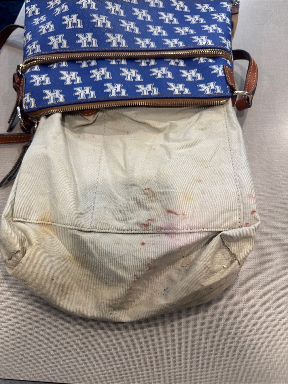 Dooney & Bourke Blue Pattern Logo Crossbody with Brown Leather Trim - Picture 7 of 8